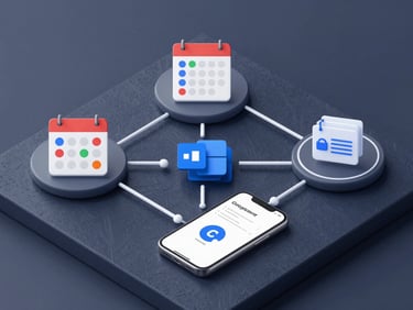 A clean isometric diagram showing secure API integration nodes linking a phone system to Google Calendar, Outlook, and a CRM database, cool corporate slate tones