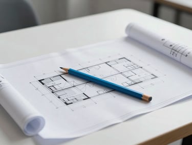 A clean, bright studio table with architectural blueprints and a single sky blue pencil under cool overcast daylight, landscape orientation.