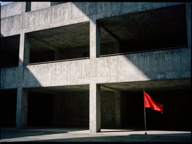 Stark architectural view of a brutalist concrete assembly hall, sharp directional light casting deep diagonal shadows, crimson accent flags, 35mm film grain, minimalist framing