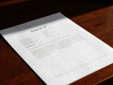 Close-up of official diplomatic documents on a dark wooden table, sharp directional light, high contrast