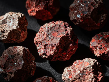 Close-up of raw mineral ores under sharp directional light, dramatic shadows, deep crimson accents, high-contrast editorial photography