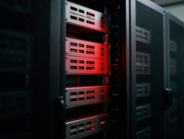 Abstract close-up of a high-tech server array in a dark room, sharp directional red light, deep shadows, industrial scale, 35mm film grain