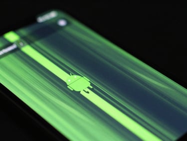 Close-up of an Android phone screen displaying a vibrant, fast-paced mobile game UI, neon green accents, sharp focus on motion blur, studio backlighting.