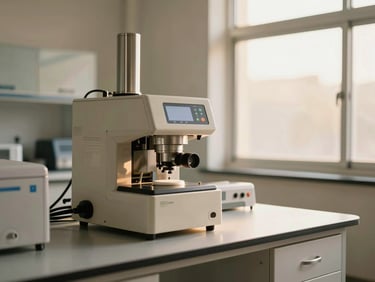 A modern quality control laboratory with clean stainless steel instruments, precise clinical lighting