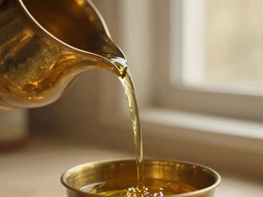 Close-up of golden liquid oil pouring into a polished brass vessel, warm ambient lighting