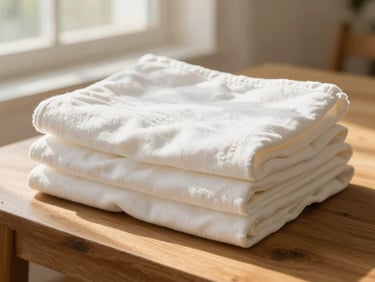 Soft white cotton fabrics freshly folded on a wooden table, bright natural morning light