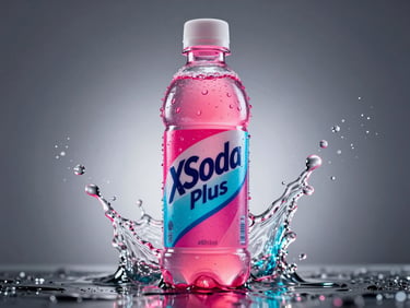 Extreme macro studio product photography of a sweating 400ml PET bottle of XSoda Plus, dynamic low-angle, explosive neon pink and cyan liquid splashes, high-contrast studio strobes, sharp rim lighting.
