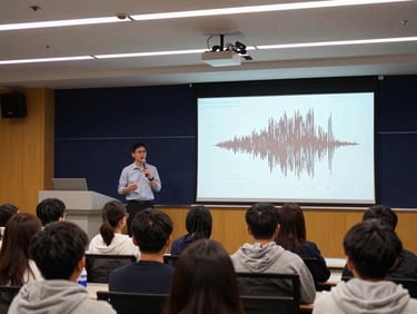 A professional academic seminar hall with a speaker presenting seismic reflection data on a screen, students listening attentively, modern indoor lighting, 35mm