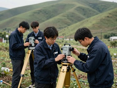 Geophysics students in field gear operating a geoelectric resistivity meter on green hills, natural daylight, sharp focus, 35mm