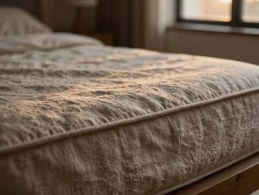 Tactile close-up of natural linen bedding on an organic mattress, soft warm amber evening light, shallow depth of field, 35mm