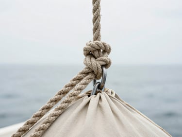 Close-up of a thick natural linen-colored marine rope knotted around a metal shackle on a weathered sail bag, soft coastal light