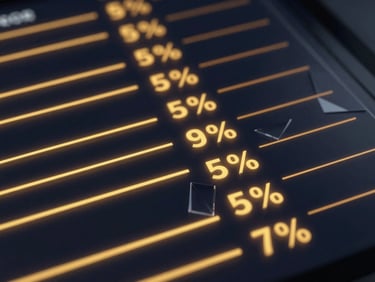 Close-up detail of a dark sleek interface displaying automated commission split percentages, glowing golden-yellow light paths, geometric glass textures