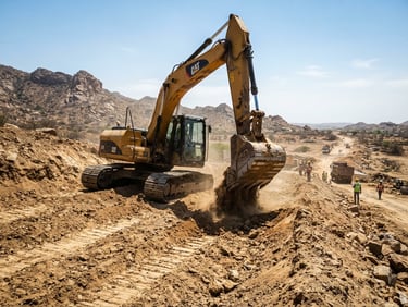 Low-angle environmental shot of a heavy yellow excavator grading earth on a road construction site in Rajasthan, bright high-contrast midday sun, sharp focus