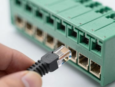 Macro shot of a technician terminating a Cat6 Ethernet cable into a patch panel, precise tools, copper wires visible, sharp technical focus