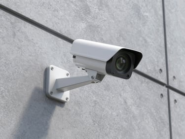 High-end security camera mounted on a clean dark architectural concrete facade, cool technical lighting, sharp shadows, 35mm lens