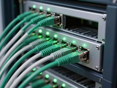 Close-up of a clean network rack installation, neatly organized green and white Ethernet patch cables, status LEDs glowing steadily, professional cool lighting, 35mm lens
