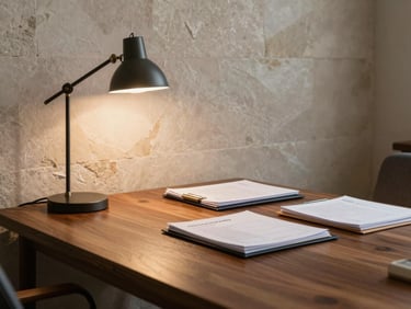 Wide shot of a calm home office corner — a wooden desk with neatly arranged estate planning folders and a single reading lamp casting warm light, Texas limestone wall visible in the background, no people