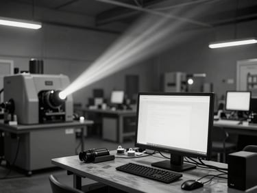 Wide unposed environmental shot of a raw workshop space at night, illuminated by monitor glow and projector beams, heavy machinery visible in the background, black and white.