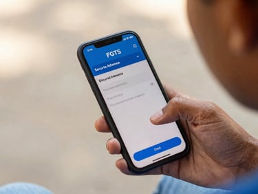 Close-up of a Brazilian worker's hand holding a smartphone displaying a secure FGTS advance application screen, warm natural daylight, shallow depth of field.