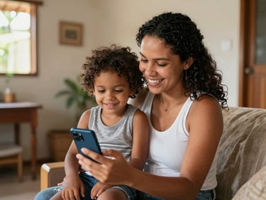 Medium shot of a young Brazilian mother and child smiling together in a modest but tidy home, a smartphone in her hand displaying a secure credit application, warm natural daylight.
