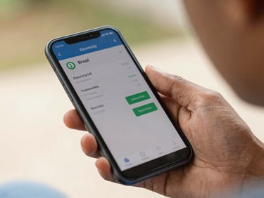 Close-up of a Brazilian person's hand holding a smartphone displaying an electricity bill payment screen, with a subtle overlay of a secure transaction, warm natural daylight.
