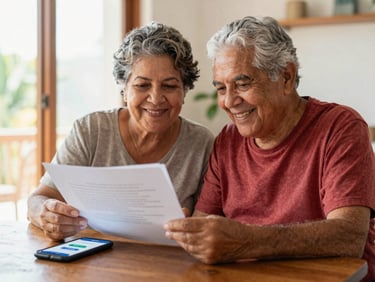 Medium shot of a smiling elderly Brazilian couple reviewing documents at home, a smartphone visible on the table with a secure financial app, warm natural daylight.