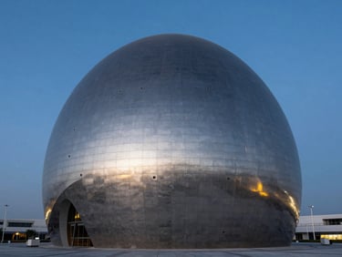 Architectural view of the Museum of the Future in Dubai, gleaming silver torus structure under clean blue hour sky.