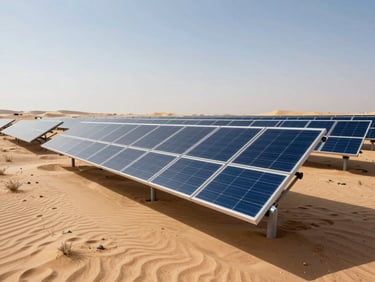 Sustainable solar array panels stretching across the Dubai desert under clear, bright daylight, reflecting clean energy innovation.