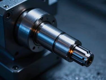 Close-up of a steel CNC spindle with cool blue ambient lighting and a subtle orange indicator light, sharp macro focus, dramatic industrial photography