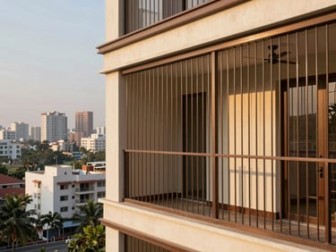 High-tensile invisible safety grills on a high-rise balcony, blending seamlessly into the Hyderabad skyline at dusk.