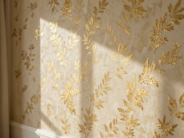 A close-up of textured gold-flecked cream wallpaper catching warm natural light in a luxury bedroom.