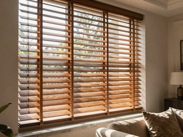 Elegant timber window blinds partially open, warm sunlight filtering through, illuminating a sophisticated living room.