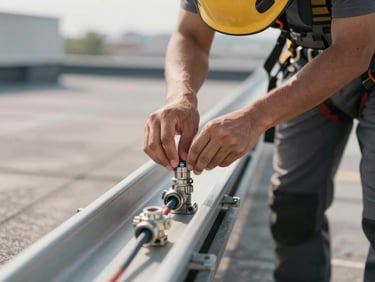 Close-up of hands tracing a DC cable run along a cable tray on a rooftop, conduit fittings in sharp focus, helmet and harness visible in soft background, natural daylight
