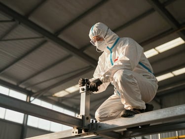Wide shot of technician in full PPE kneeling on a mounting rail to inspect bolted frame connections, industrial warehouse roof visible below, golden hour side light