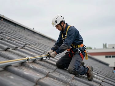 Worker in full PPE — helmet, harness clipped to lifeline anchor, DPI 3rd category harness visible — kneeling on a steep tiled industrial roof to fix a cross-rail, safety rope taut across the frame, natural overcast daylight