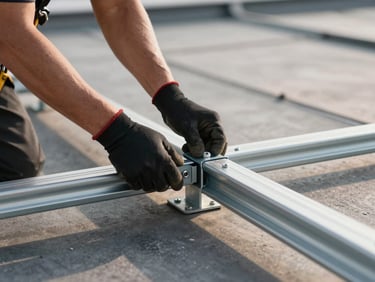Close-up of gloved hands bolting aluminium mounting rails to an industrial rooftop structure, safety harness clip visible at frame edge, late afternoon light casting hard shadows across the metalwork
