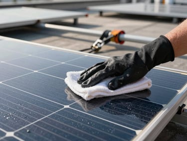 Close-up of a gloved hand wiping solar panel glass surface on an industrial rooftop, water and grime visible, safety harness clip in background, natural daylight