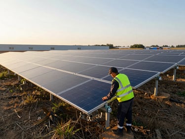 Wide environmental shot of a ground-mount solar racking row being assembled in a flat field at golden hour, worker in high-vis vest tightening a post clamp, long shadow cast across the structure, industrial site perimeter visible in background