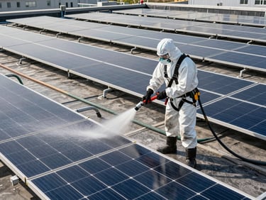 Wide shot of a technician in full PPE and harness pressure-washing solar panels on a large commercial rooftop, equipment hoses running across the foreground, bright midday light