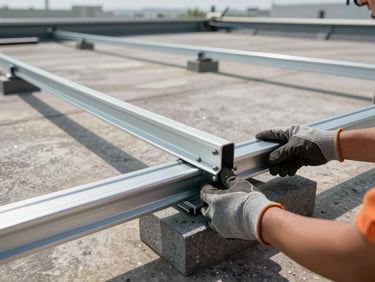 Close-up on aluminium racking rail being positioned across a flat industrial rooftop, worker's hands in gloves aligning the profile against ballasted blocks, midday daylight, wide-angle showing the roof expanse behind