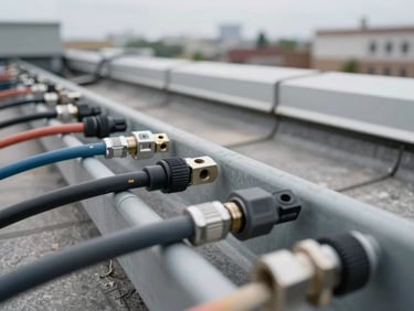 Close-up of DC cable runs being routed through cable trays on a rooftop installation, crimp connectors and conduit fittings in sharp focus, natural overcast daylight, no crew faces visible