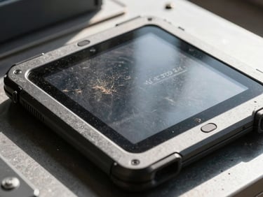 Close-up of a rugged Android tablet undergoing MIL-STD-810G drop test, impact visible, high-contrast, industrial setting, 35mm
