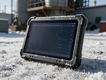 Rugged Android tablet operating in an extreme cold environment, frost visible, high-contrast, industrial setting, 35mm
