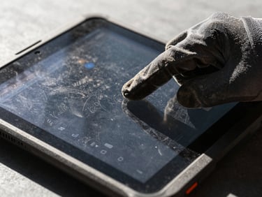 Hand wearing a work glove touching a rugged Android tablet screen, close-up on interface, dusty environment, high-contrast, 35mm