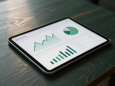 Macro shot of a high-end digital interface displaying clean financial analytics and compliance charts on a tablet screen, resting on a dark oak desk with soft side lighting, elegant minimal composition, 35mm.