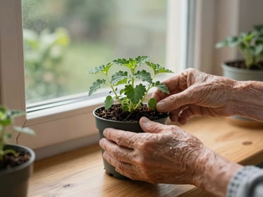 Close-up of an elderly person's hands gently tending a potted herb plant on a windowsill, soft north-facing daylight streaming in from the left, warm wooden surface below, blurred garden visible through the window in the background