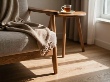 Close-up detail of a room corner: a wooden armchair with a warm throw blanket, a small side table with a cup of tea, soft window light casting long shadows across a wooden floor, calm and inhabited