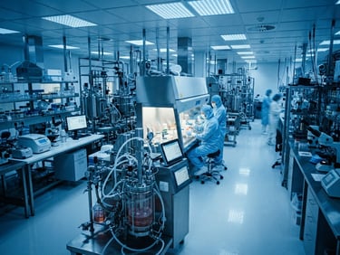 Wide-angle cleanroom laboratory environment with stainless steel apparatus under cool clinical blue lighting, high-contrast cinematic depth.
