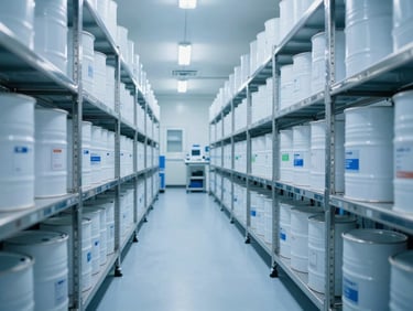 Wide-angle cleanroom warehouse logistics facility, high-contrast cool clinical blue lighting, stainless steel storage racks, organized chemical drums