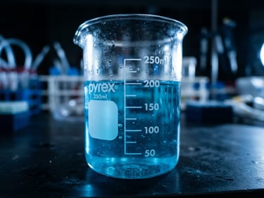 Macro close-up of a sterile blue-lit laboratory glass beaker with precise measurement markings, high-contrast clinical lighting, shallow depth of field